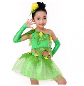 Green leaves yellow flower patchwork girls kids child children kindergarten modern dance stage performance jazz dance outfits dresses